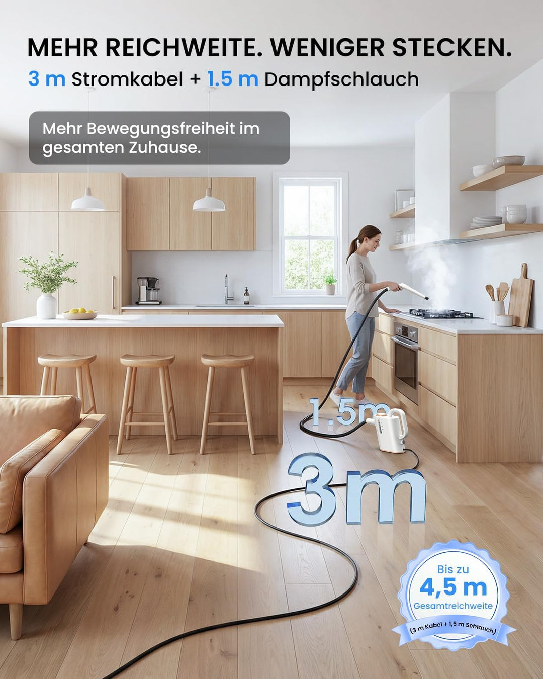Dampfreiniger Handgerät, 15 Sek. Aufheizzeit, 550 ml Wassertank | 16 Zubehörteile, regulierbarer Dam