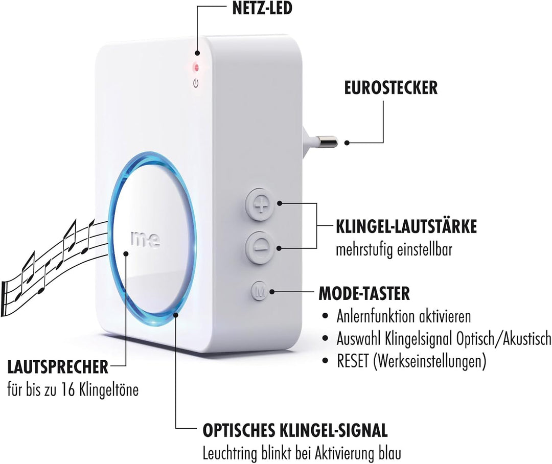 m-e Funkklingel KB-100 | mit batterielosem Sender und Empfänger | Kinetische Türklingel mit 100 Mete