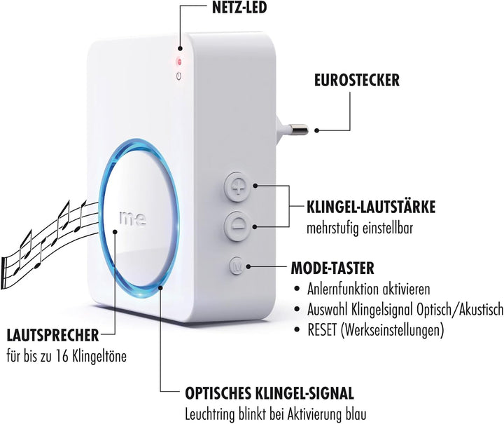 m-e Funkklingel KB-100 | mit batterielosem Sender und Empfänger | Kinetische Türklingel mit 100 Mete