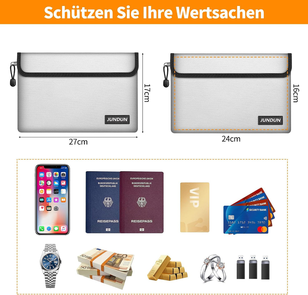 JUNDUN Feuerfeste Dokumententasche (27x17cm, 5200°F), Feuerfeste Geldtasche | 8-Lagig Verdickte Wass