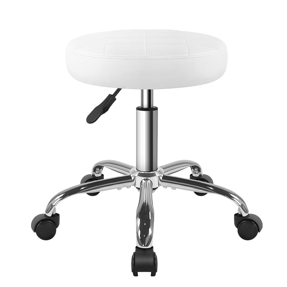 Weisser klassischer Drehhocker mit Rad für Salon, Arbeit, Zuhause, SPA, Geschäft, höhenverstellbar u