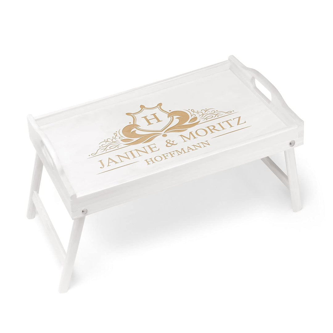 Maverton Frühstückstablett mit Gravur - für Zwei - Betttisch mit Griffen - klappbare Beine - Weiss -