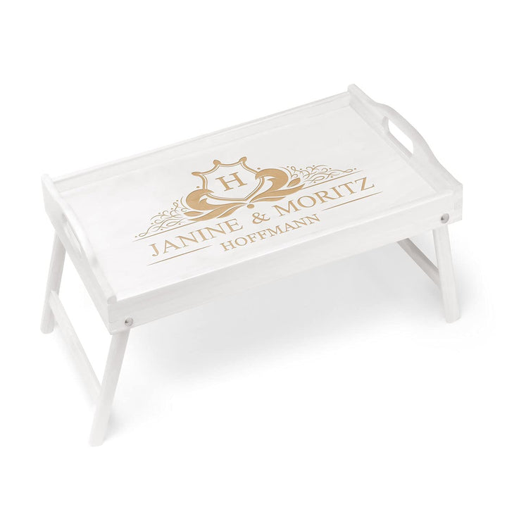 Maverton Frühstückstablett mit Gravur - für Zwei - Betttisch mit Griffen - klappbare Beine - Weiss -