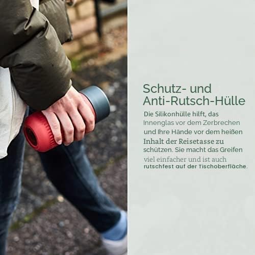 BLACK + BLUM Glas To-Go Becher, Olive, 340 ml, leichtes Borosilikatglas, rutschfeste, isolierende Si