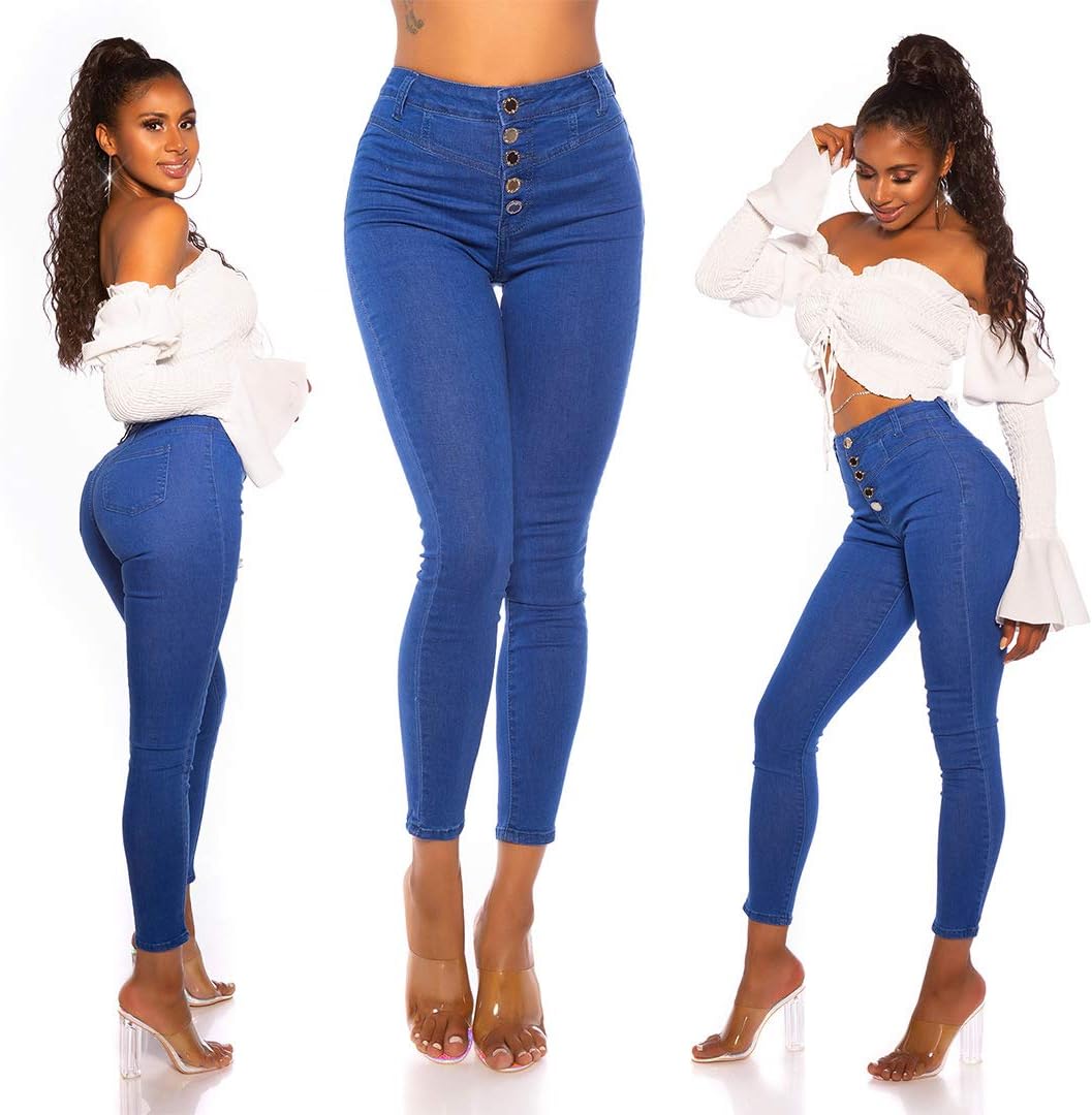 Jeans High Waist Damen Skinny Jeans Jeanshose mit Knöpfen 40 Blau, 40 Blau
