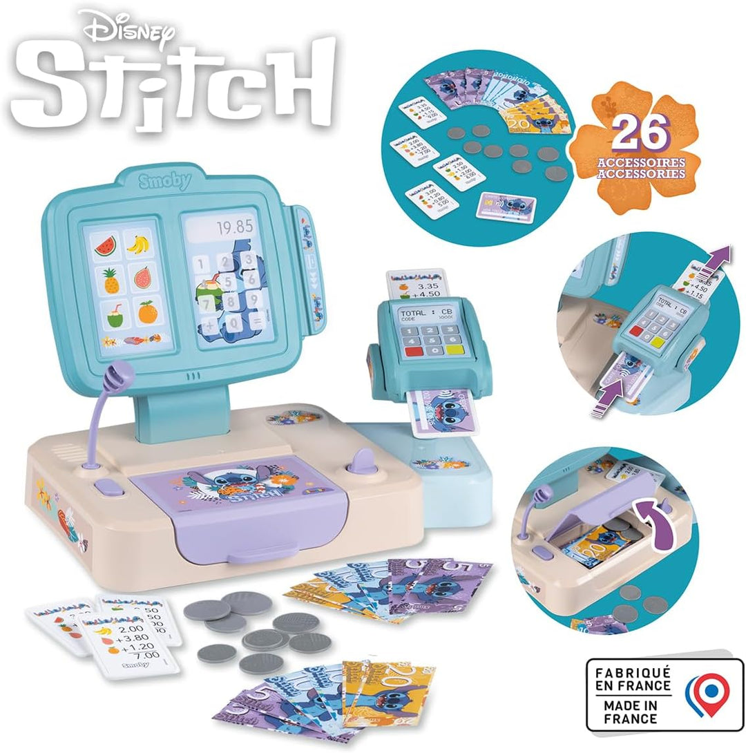 Smoby – Stitch Supermarktkasse mit Mikrofon & Kartenleser – Kasse mit Geld, Karte & Zubehör – Rollen