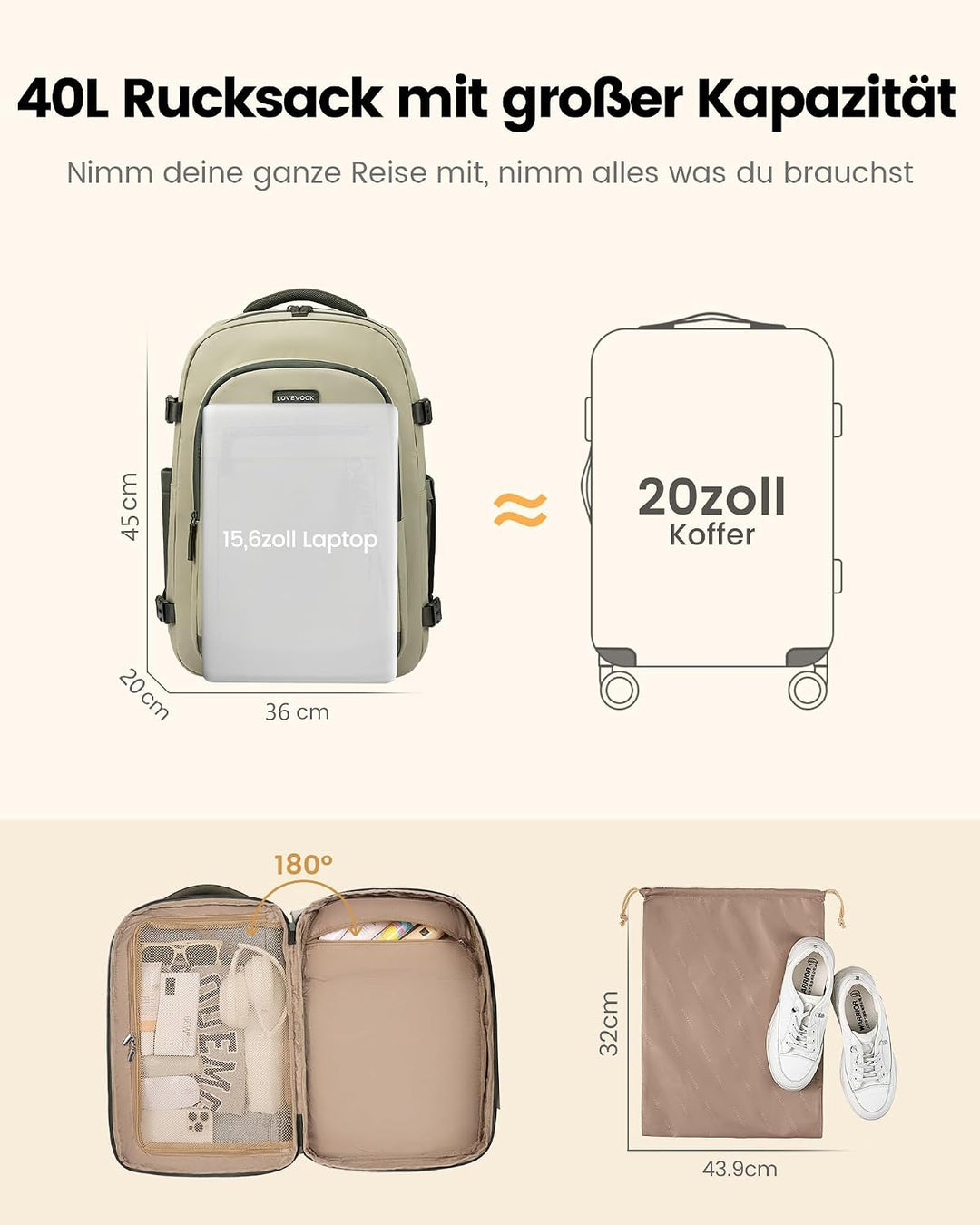 LOVEVOOK Rucksack Handgepäck Flugzeug 40L Gross Reiserucksack Damen 45x36x20 | Travel Backpack für 1