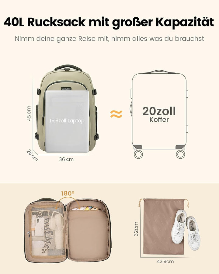LOVEVOOK Rucksack Handgepäck Flugzeug 40L Gross Reiserucksack Damen 45x36x20 | Travel Backpack für 1
