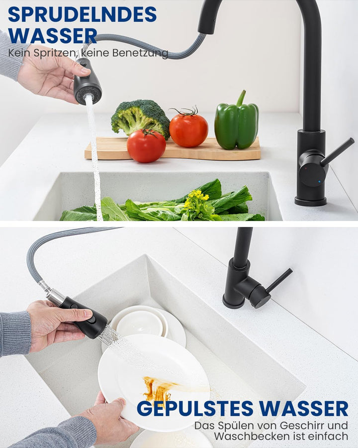 CECIPA Küchenarmatur & Spülbecken Set Schwarz 60×49 cm, Ausziehbarer Wasserhahn Küche mit 360° Drehf