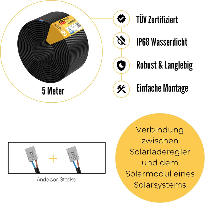 CamperPower | 5m Photovoltaik Verlängerungskabel für mobile Solartaschen | 50A Anderson Steckverbind