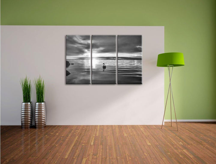 Pixxprint Einsamer Schwan auf See als Leinwandbild | Grösse: 3 Teilig (120x80) | Wandbild| Kunstdruc