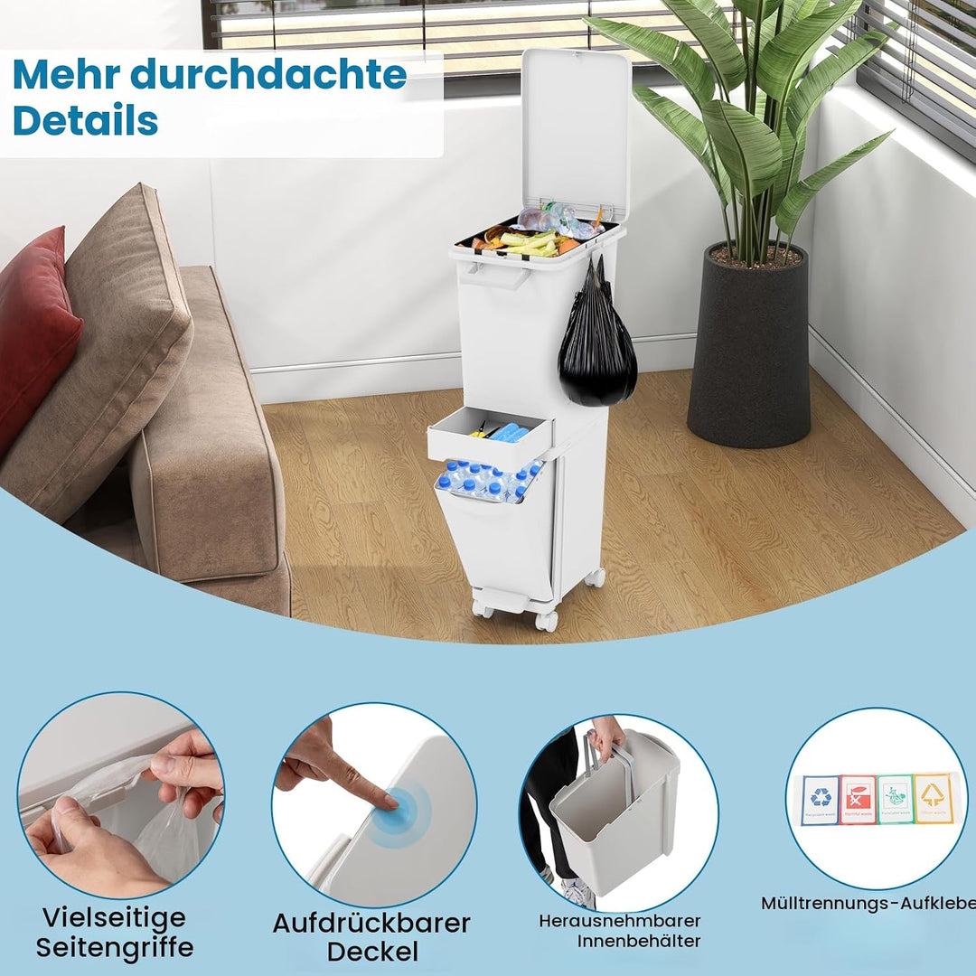 LIFEZEAL 32 L Mülleimer auf Rädern, Abfallsammler Küche, Trocken- und Nasstrennung Mülltrennsystem m