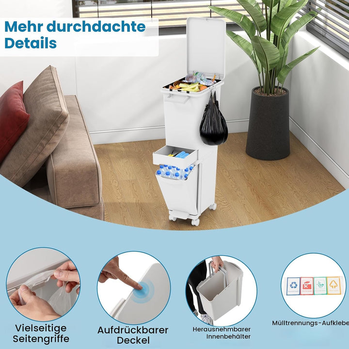 LIFEZEAL 32 L Mülleimer auf Rädern, Abfallsammler Küche, Trocken- und Nasstrennung Mülltrennsystem m