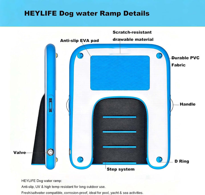 Aufblasbare Hunde Wasserrampe bis 82 kg schwimmende Rampe Pool See Blau | Drop-Stitch-PVC, UV- &amp; sal