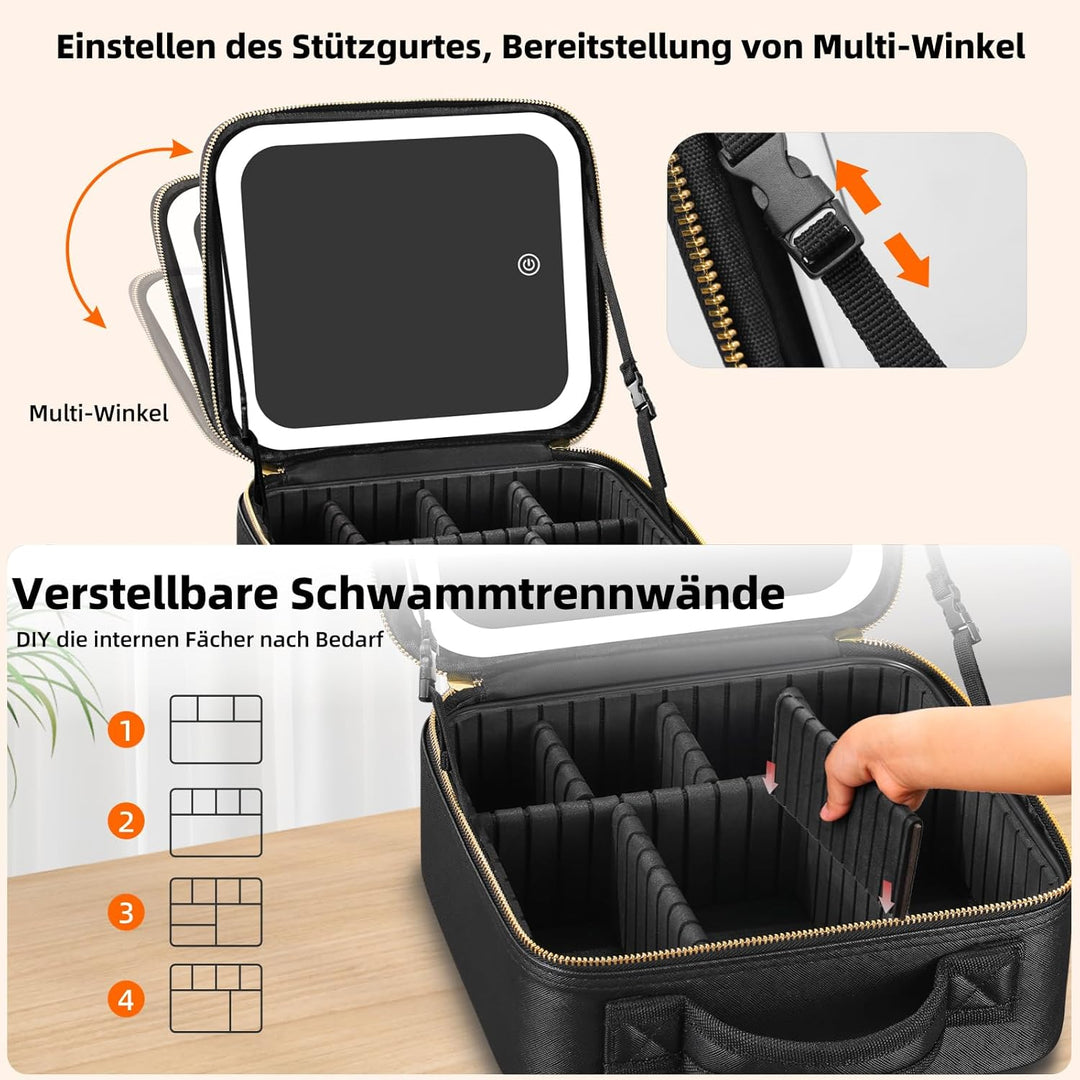 Reisekosmetiktasche mit beleuchtetem Spiegel, unterteilbare Kosmetiktasche Kosmetiktasche mit 3 Farb