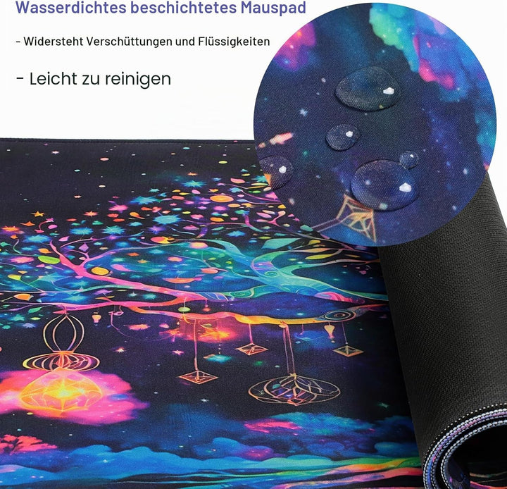 Simpkeely Bunter Baum des Lebens Mauspad, Schwarzlicht Gaming Extended Desk Pad, UV-reaktive wasserd