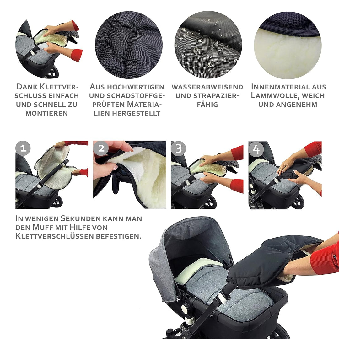 BAMBINIWELT KOMBI-ANGEBOT Muff + Winterfusssack 108cm - aus Lammwolle für Kinderwagen, Buggy, Radanh