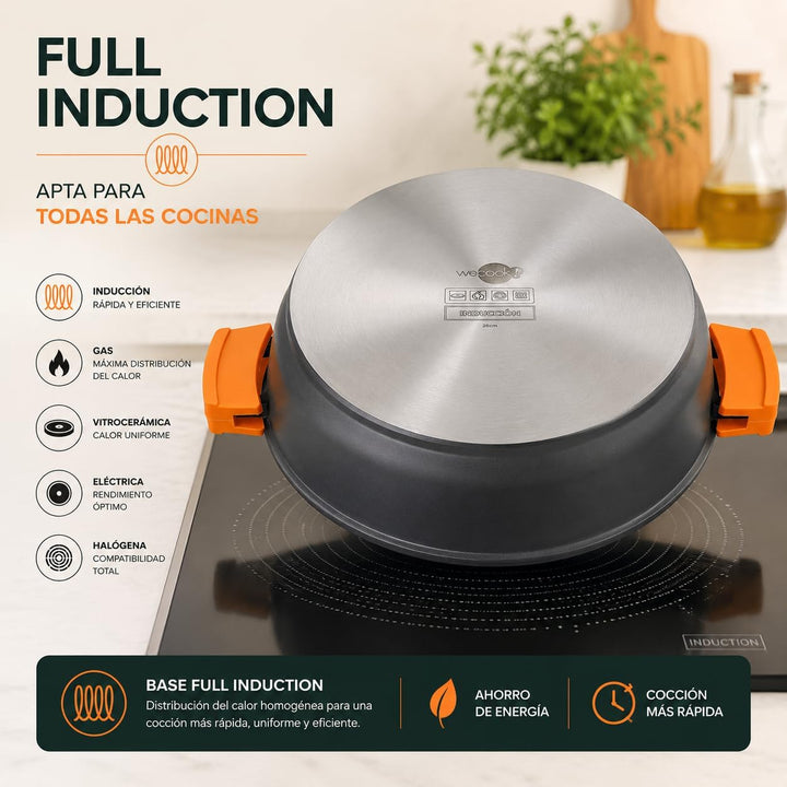 WECOOK! Ecochef Titan Niedrige Kochtopf 24 cm Induktion mit Glasdeckel, Antihaftbeschichtung QUANTAN