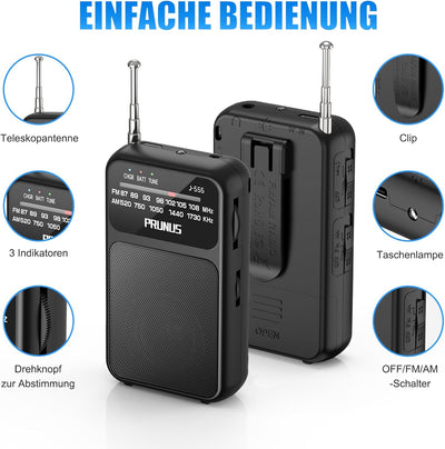 PRUNUS J-555 AM/FM/UKW Radio Klein, Kleines Radio mit Akku, USB-C-Laden, Mini Radio Batteriebetriebe