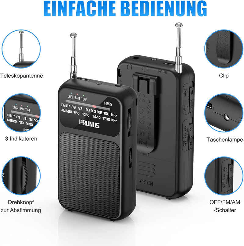 PRUNUS J-555 AM/FM/UKW Radio Klein, Kleines Radio mit Akku, USB-C-Laden, Mini Radio Batteriebetriebe