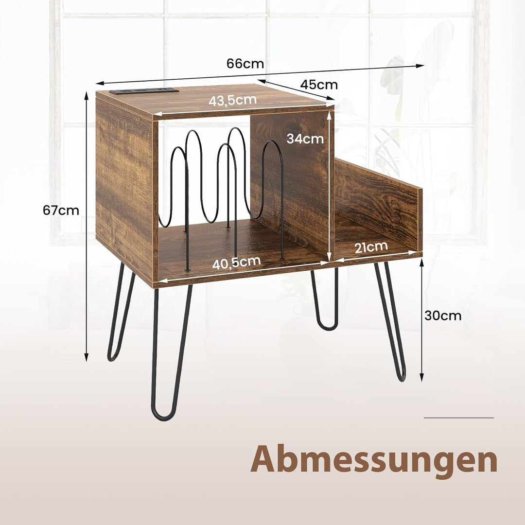 COSTWAY Beistelltisch mit Ladestation, Plattenspielerständer mit Trennwänden & Seitenregal, Nachttis