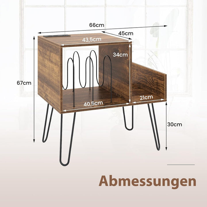 COSTWAY Beistelltisch mit Ladestation, Plattenspielerständer mit Trennwänden & Seitenregal, Nachttis