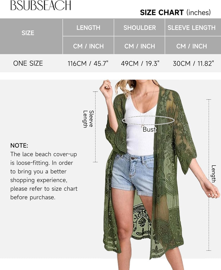 Bsubseach Badeanzug Cover Up für Frauen Lace Sheer Floral Kimono Cardigans Mesh Long Strand Dress A-