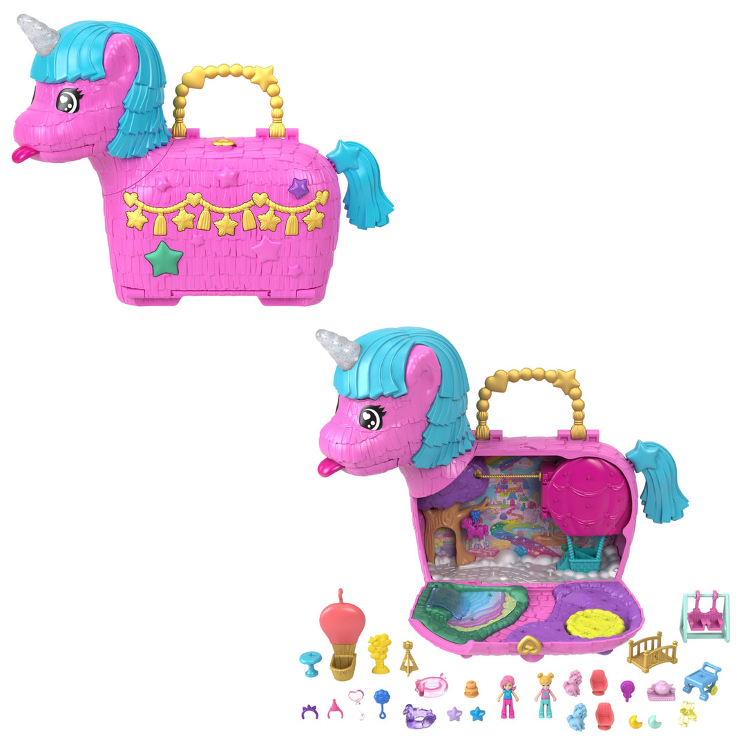 Polly Pocket Puppen und Spielset mit Tieren und über 25 Überraschungs-Accessoires, Unicorn Partyland