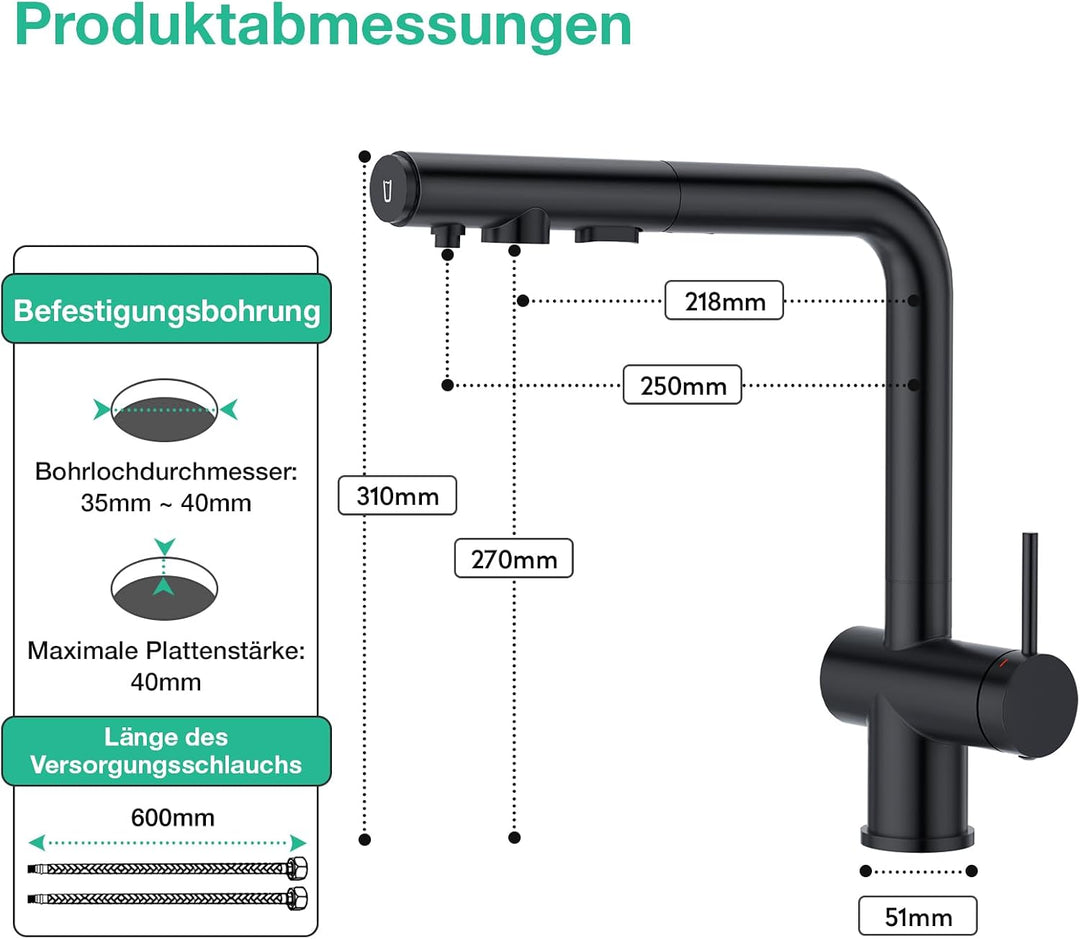 Faustina 3 Wege Küchenarmatur mit Brause ausziehbar, Einhebelmischer Armatur Wasserhahn Spültischarm