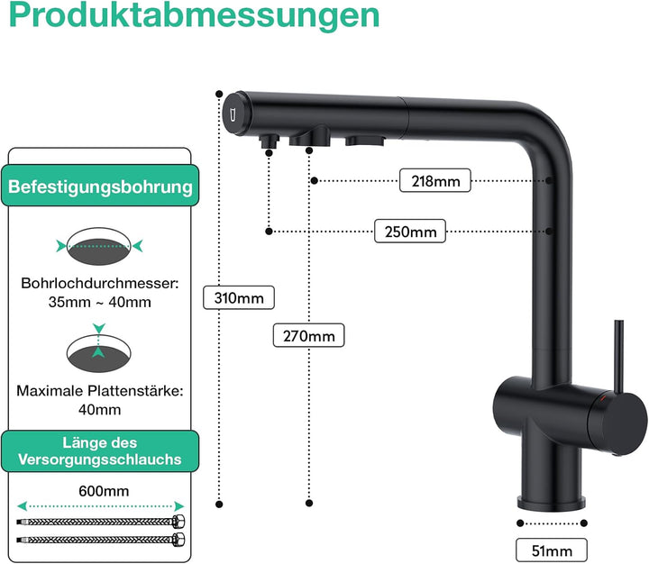 Faustina 3 Wege Küchenarmatur mit Brause ausziehbar, Einhebelmischer Armatur Wasserhahn Spültischarm