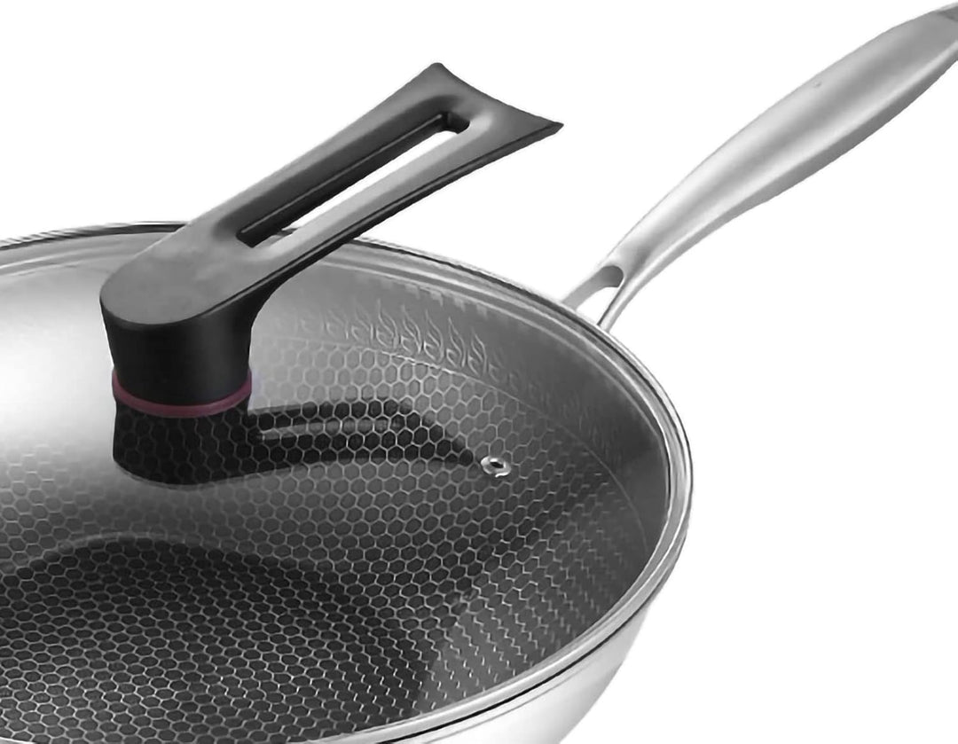 Wok, Wok-Pfanne mit Geschnitzter Mikrogravur, 3-lagiger Doppelseitiger Waben-Edelstahl-Wok für die K