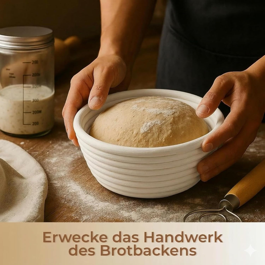 Sauerteig Starter Set 8-Teilig mit Gärkörbchen Rund und Oval, Gärkorb Glasgefäss und Brot Backen Zub