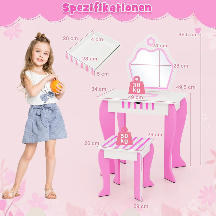 FANTASK Kinderschminktisch mit Hocker, Mädchenschminktisch mit abnehmbarem Spiegel & Schublade, Prin