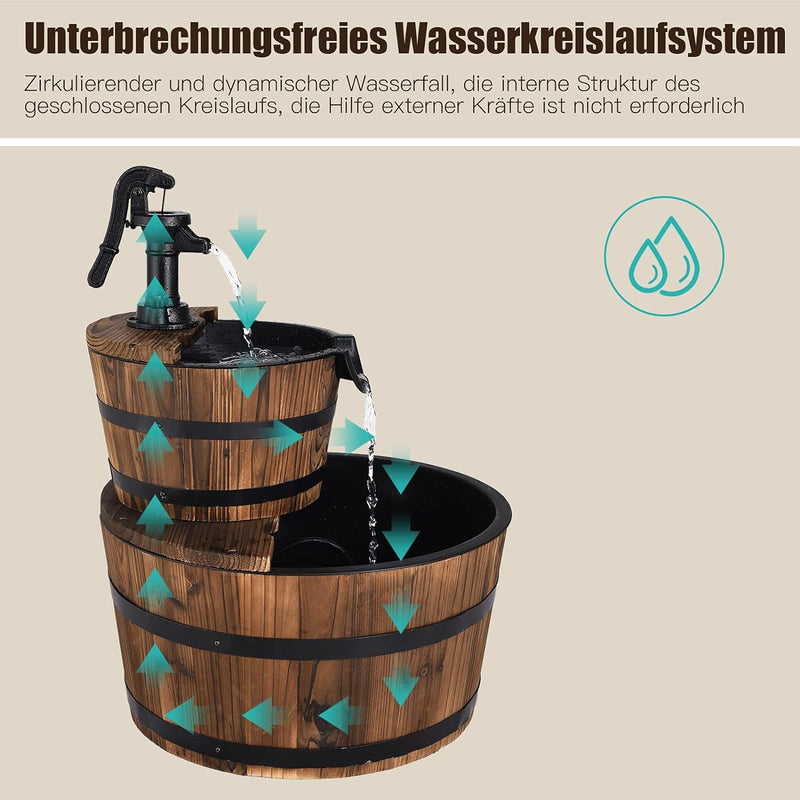 GOPLUS Holzfass-Brunnen mit Hochleistungspumpe, Springbrunnen aus Tannenholz, Wasserspiel im Freien