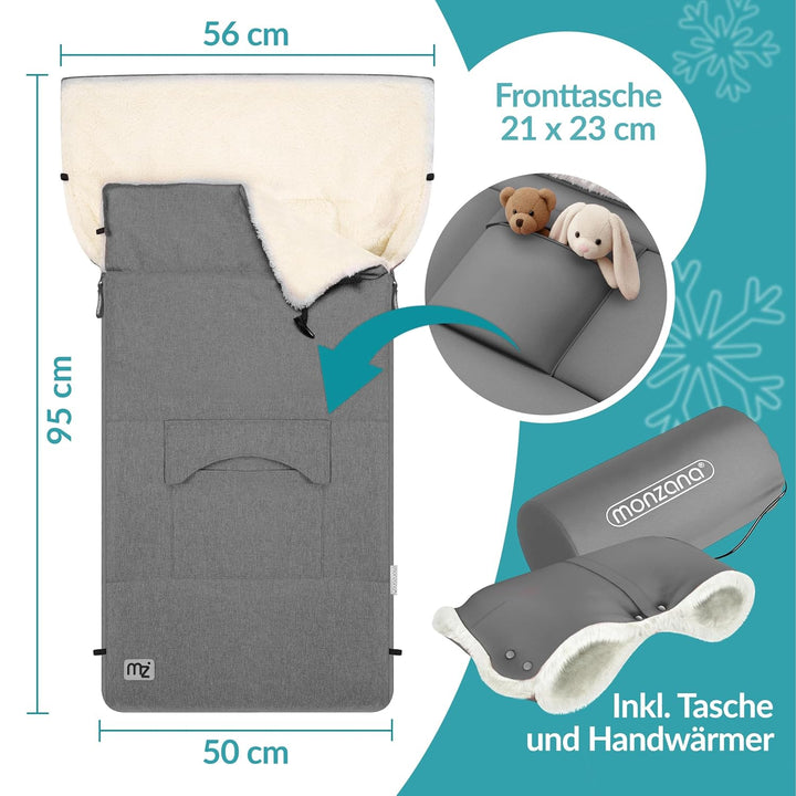 MONZANA® Baby Fusssack für Kinderwagen mit Handwärmer Winter Reflektoren Reissverschluss Tasche Wasc