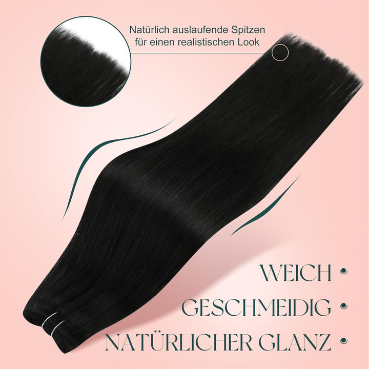 Easyouth Tressen Echthaar Extensions Sew in Echthaar Tressen 14 Zoll Farbe Pechschwarz 70g Human Hai