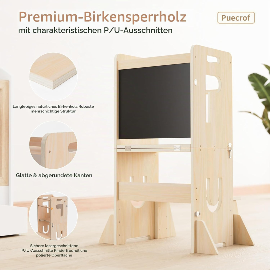 Lernturm für Kinder, klappbarer 3-in-1 Küchenhelfer Tritthocker aus Holz mit Kreidetafel, mit Sicher