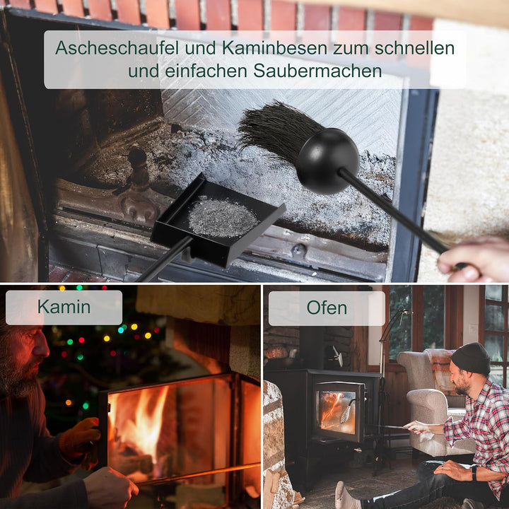 Relaxdays Kaminbesteck, 5-tlg. Set, Schürhaken, Ascheschaufel, Besen, Zange & Ständer, Ofengarnitur,