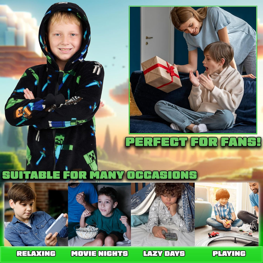 Minecraft Fleece Jumpsuit Kinder Jungen Schlafoverall mit Kapuze, Gamer Geschenke für Kinder Teenage