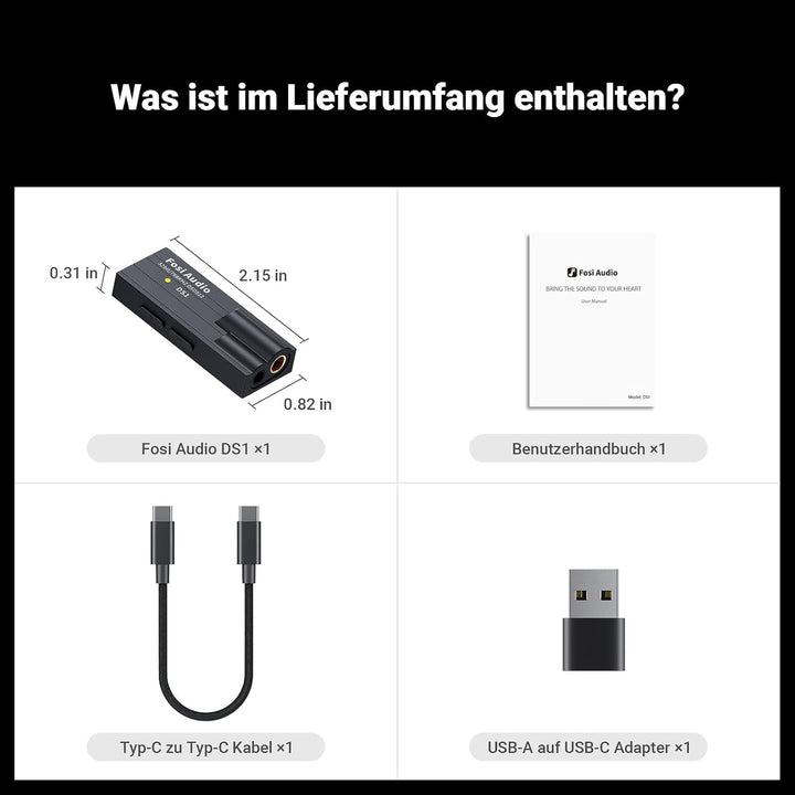 Fosi Audio DS1 Tragbarer DAC Kopfhörerverstärker, Headphone Amp mit ES9038Q2M Chip Unterstützt PCM 3