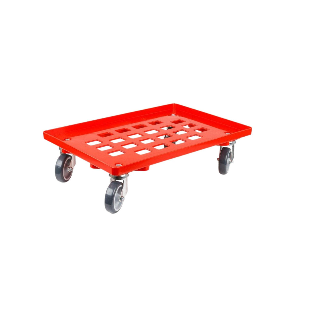 Transportroller für Euroboxen 60x40cm mit Gummiräder rot | Gitter/Rasterdeck | 2 Lenkrollen &amp; 2 Brem