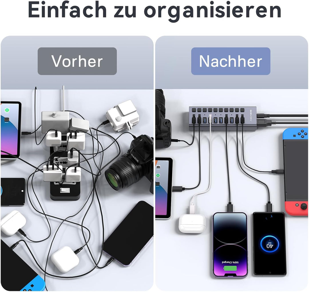 ACASIS Powered USB Hub,10 Ports USB 3.1 Hub mit 10Gbps Data Speed, Individuellen On/Off Schalter, 12
