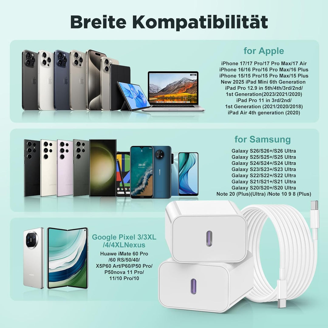 USB C Ladegerät 20W mit Ladekabel für iPhone 17 16 15/17 16 15 Pro/17 16 15 Pro Max/17Air/16 15 Plus