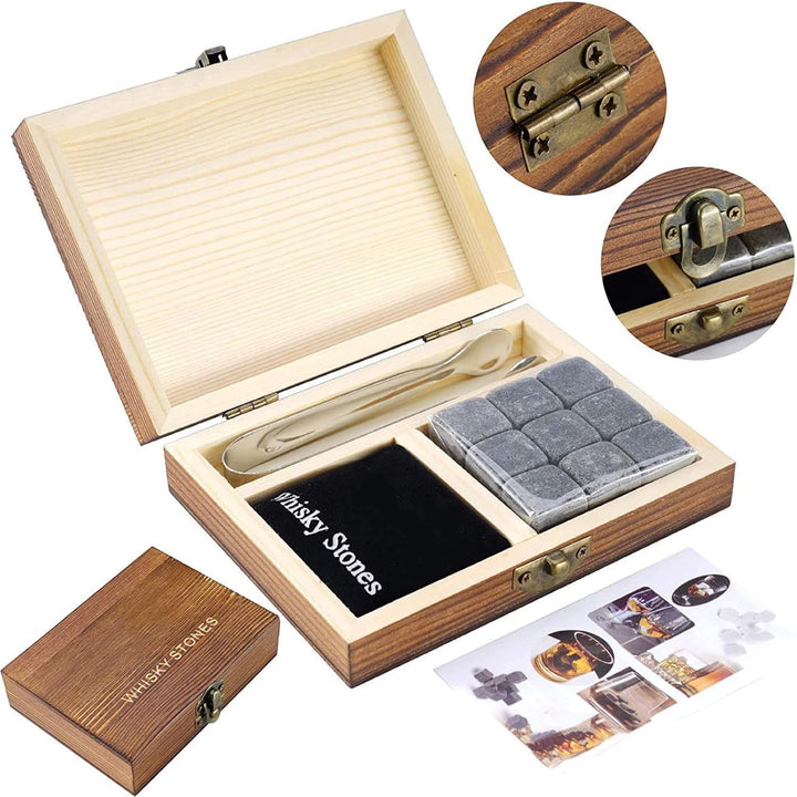 Holzsammlung Whisky Gläser Geschenkset, Whisky Steine Set mit 9 Whisky Steine, Whiskey Cooling Stone