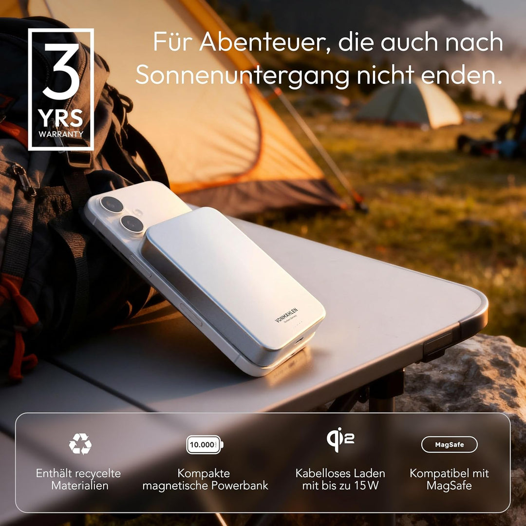 VONMÄHLEN Evergreen Mag 10.000 mAh Qi2-Powerbank – kabelloses Laden mit 15W, kompatibel mit MagSafe,