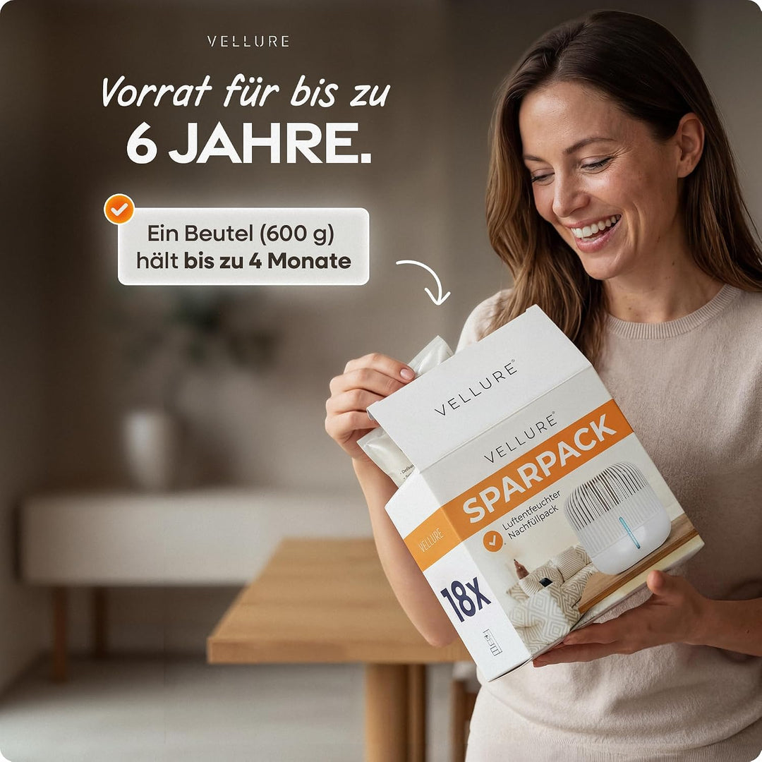 Vellure® 18x Luftentfeuchter Nachfüllpack 600g (Sparvorteils 5er Set Luftentfeuchter Granulat) I Ent