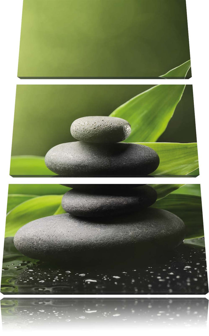 Pixxprint Zen Steine mit Blättern / 3-Teilig/Gesamtmass 120cm Leinwandbild bespannt auf Holzrahmen/W