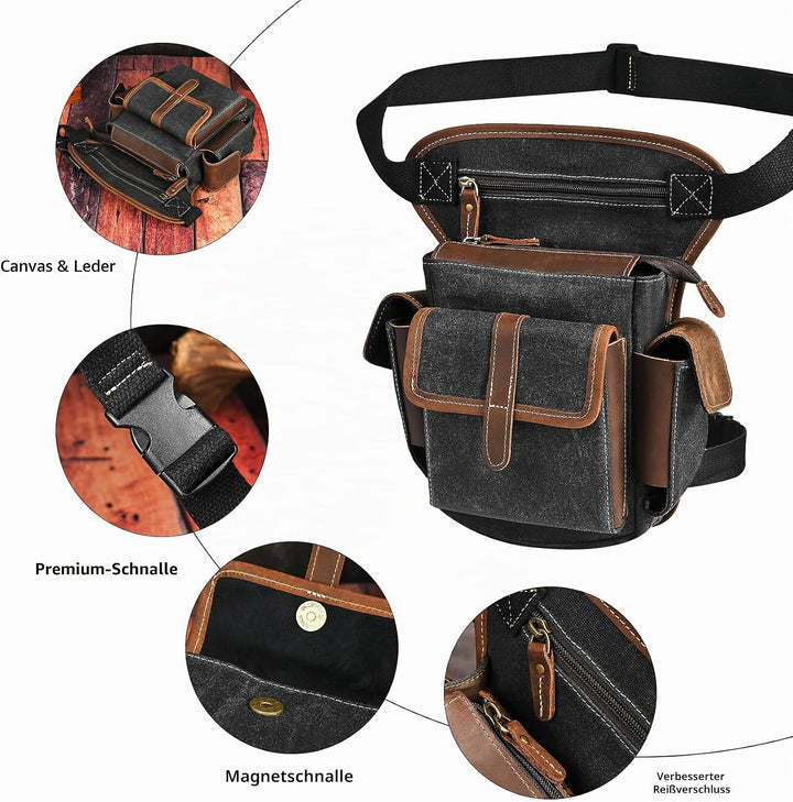 Herren Canvas + Leder Motorrad Reiten Tasche Beinbeutel Beintasche Aussenbeintasche Hüfttasche Drop