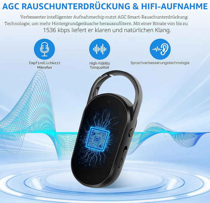64 GB Digitales Diktiergerät - tragbarer Mini-Digitaler Audio-Aufnehmer mit Spracherkennung und MP3,