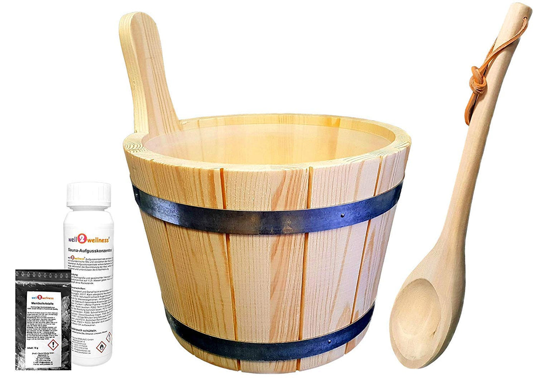 SudoreWell® Saunakübel Set 5-TLG. mit Saunakübel aus Nadelholz 5,0 l inkl. Einsatz + Schöpfkelle Plu
